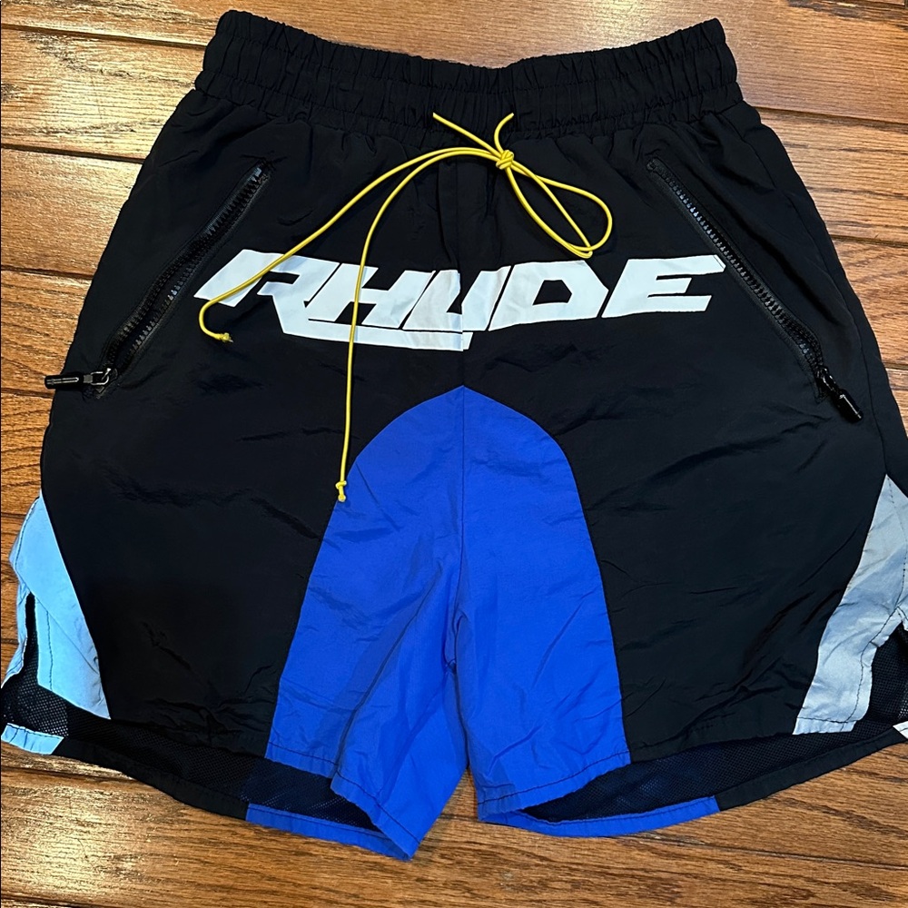Rhude Black and Blue Shorts with Yellow Accent medium